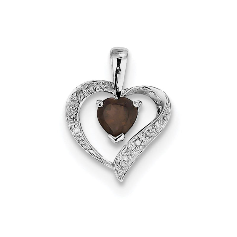 Sterling Silver Rhodium Heart Smoky Quartz & Diamond Heart Pendant