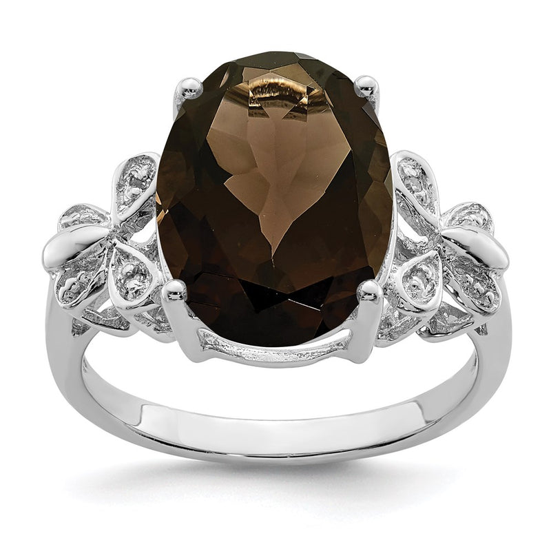 Sterling Silver Rhodium Smoky Quartz & Diamond Ring