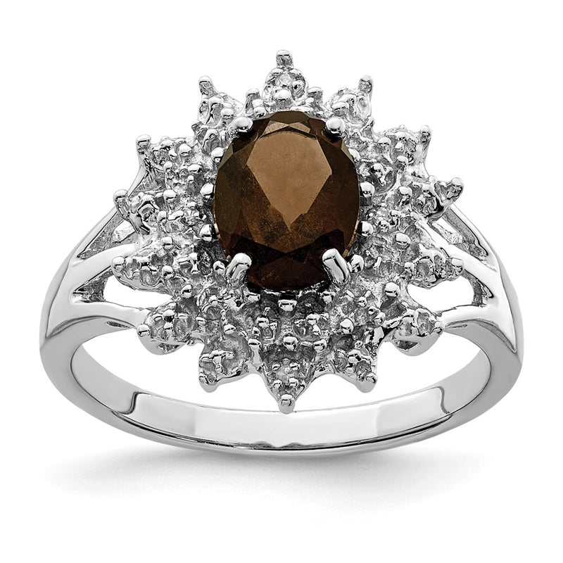 Sterling Silver Rhodium Smoky Quartz & Diamond Ring