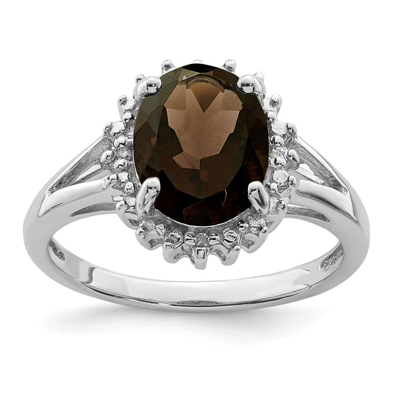 Sterling Silver Rhodium Smoky Quartz & Diamond Ring