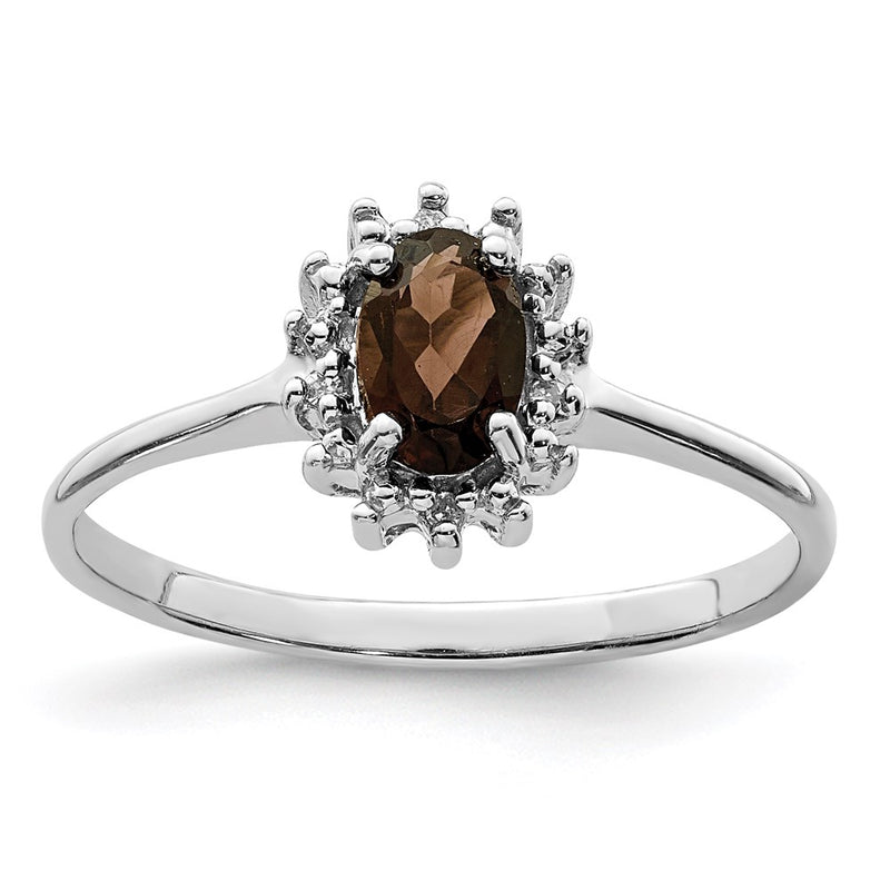 Sterling Silver Rhodium Smoky Quartz Diamond Ring