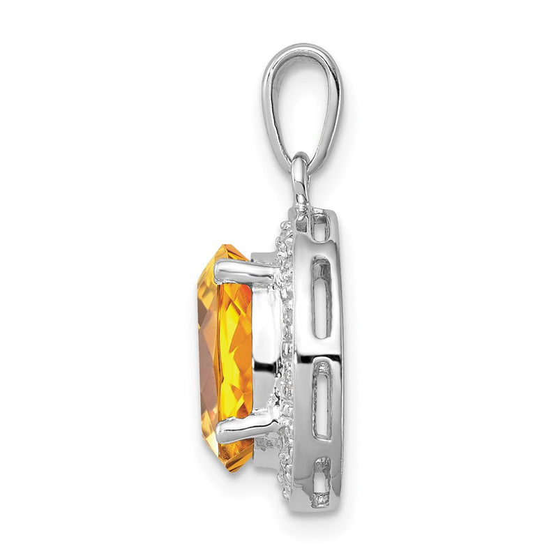 Sterling Silver Rhodium Oval Citrine & Diamond Pendant