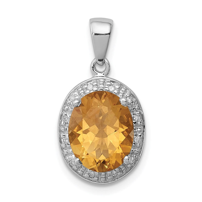 Sterling Silver Rhodium Oval Citrine & Diamond Pendant