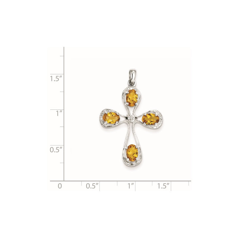 Sterling Silver Rhodium Citrine & Diamond Cross Pendant