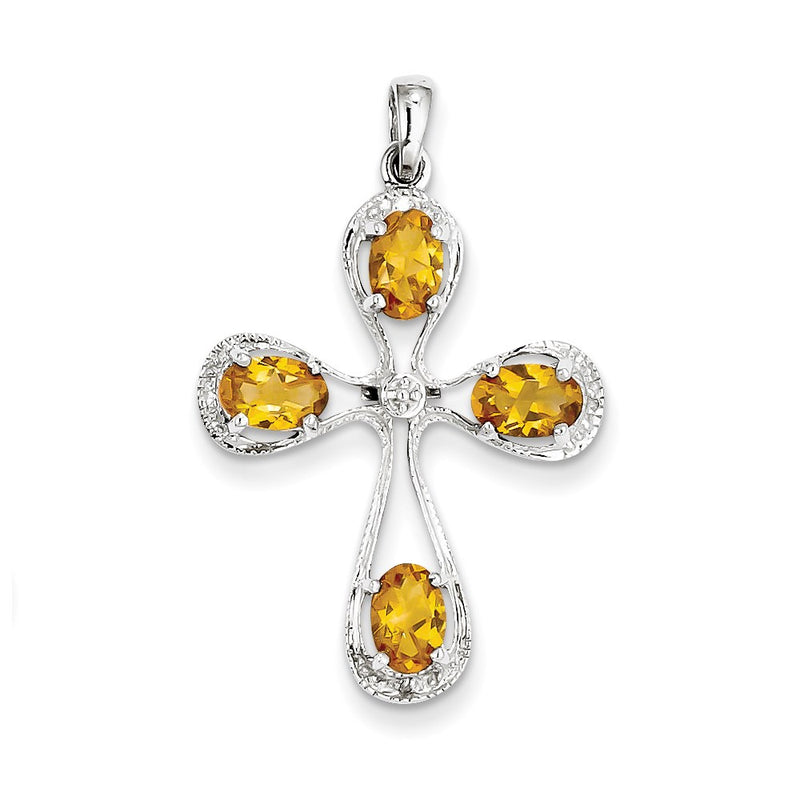 Sterling Silver Rhodium Citrine & Diamond Cross Pendant