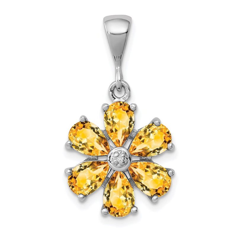Sterling Silver Rhodium Citrine & Diamond Flower Pendant