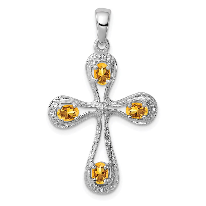 Sterling Silver Rhodium Citrine & Diamond Cross Pendant