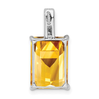 Sterling Silver Rhodium Emerald-cut Citrine & Diamond Pendant
