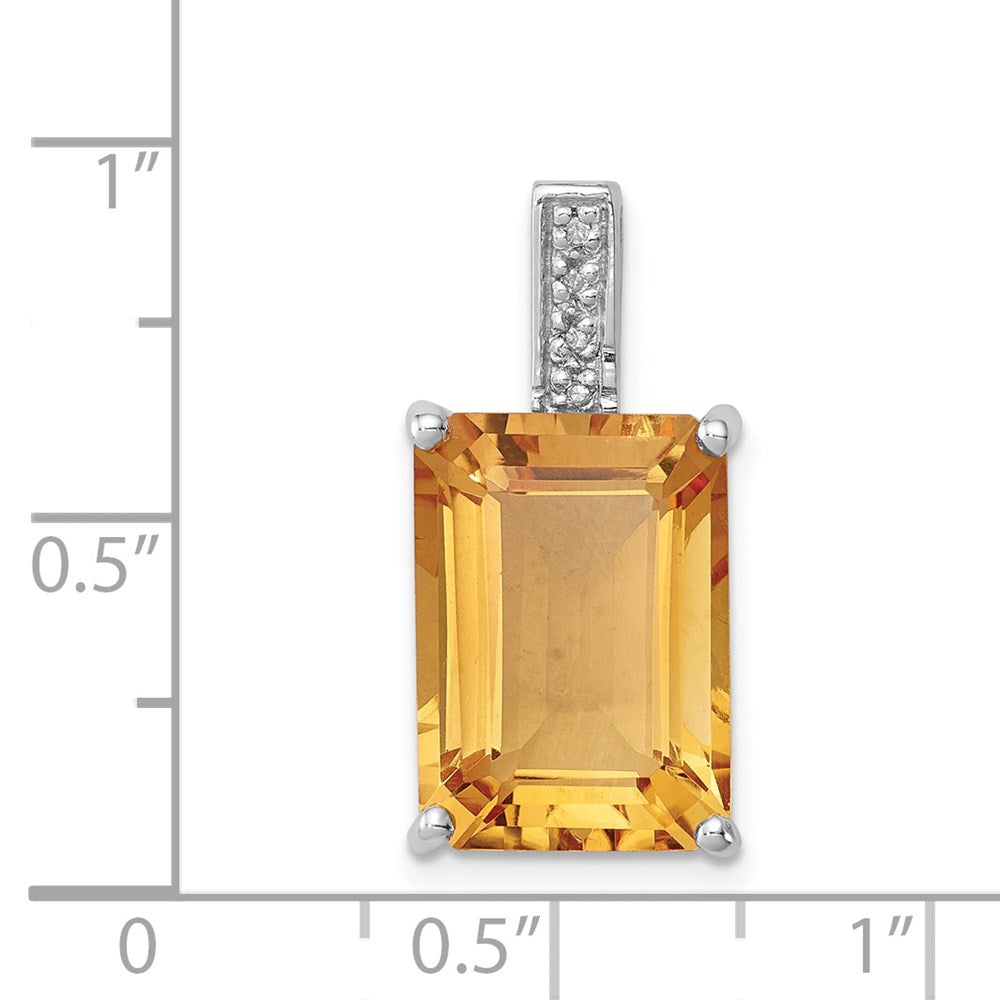 Sterling Silver Rhodium Emerald-cut Citrine & Diamond Pendant