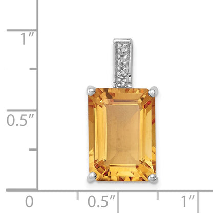 Sterling Silver Rhodium Emerald-cut Citrine & Diamond Pendant
