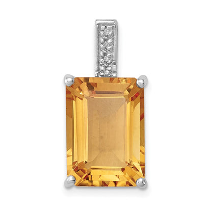 Sterling Silver Rhodium Emerald-cut Citrine & Diamond Pendant
