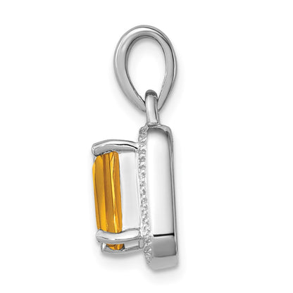 Sterling Silver Rhodium Emerald-cut Citrine & Diamond Pendant