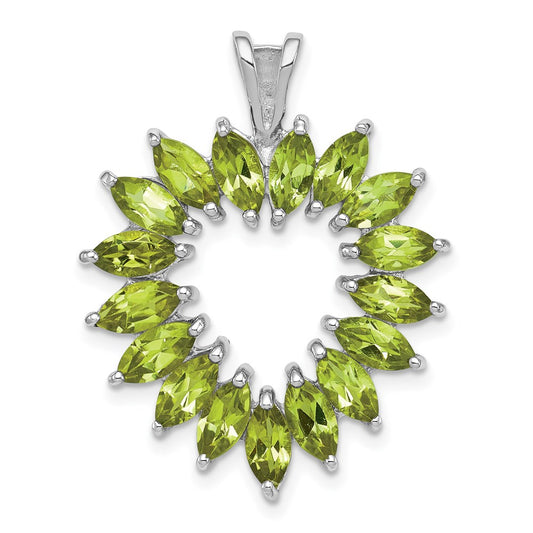 Sterling Silver Rhodium Plated Marquise Peridot Heart Pendant