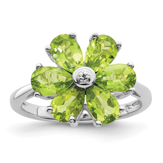 Sterling Silver Rhodium Peridot & Diamond Flower Ring