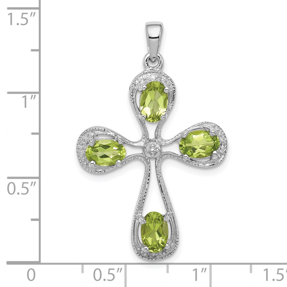 Sterling Silver Rhodium Peridot & Diamond Cross Pendant