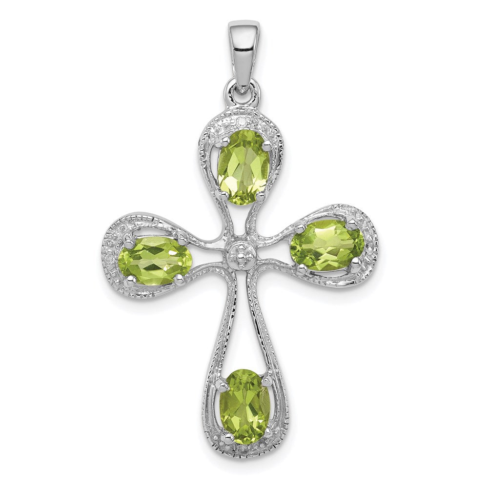 Sterling Silver Rhodium Peridot & Diamond Cross Pendant