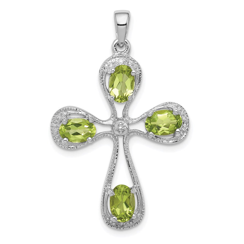 Sterling Silver Rhodium Peridot & Diamond Cross Pendant