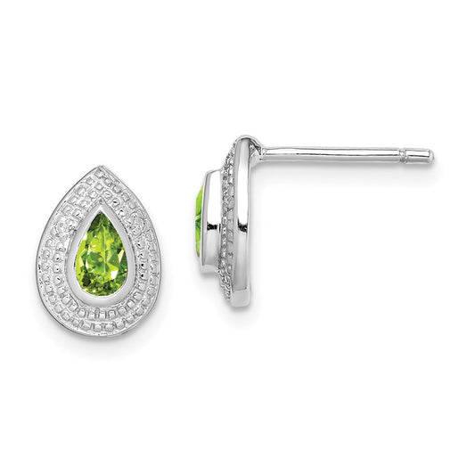 Sterling Silver Rhodium Peridot & Diamond Post Earrings
