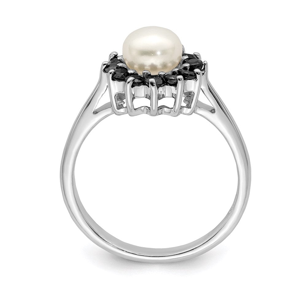 Sterling Silver Rhod 6mm FW Cultured Button Pearl & Sapphire Ring