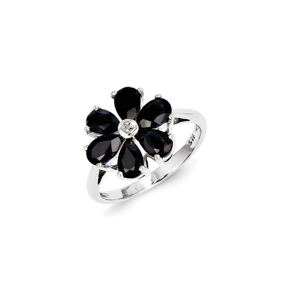Sterling Silver Rhodium-plated Dark Sapphire & Diamond Flower Ring