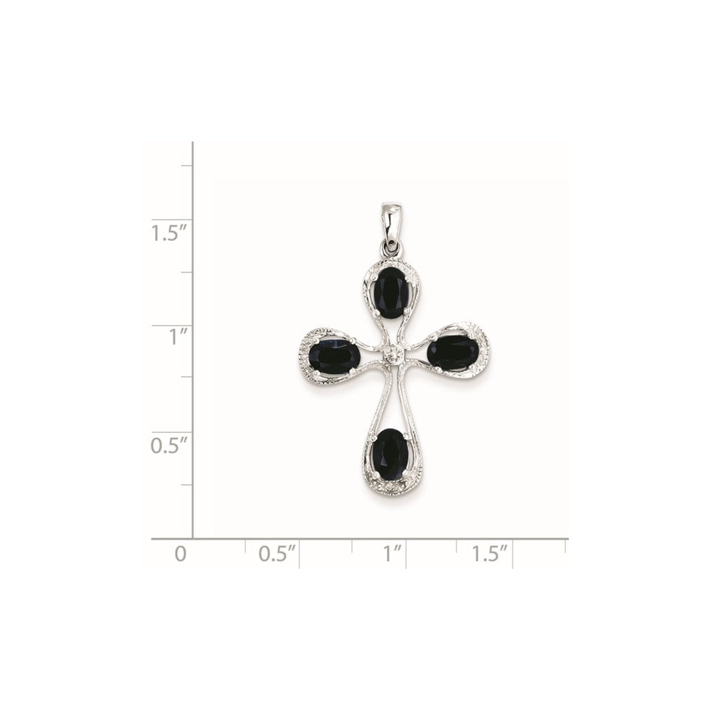 Sterling Silver Rhodium Dark Sapphire & Diamond Cross Pendant