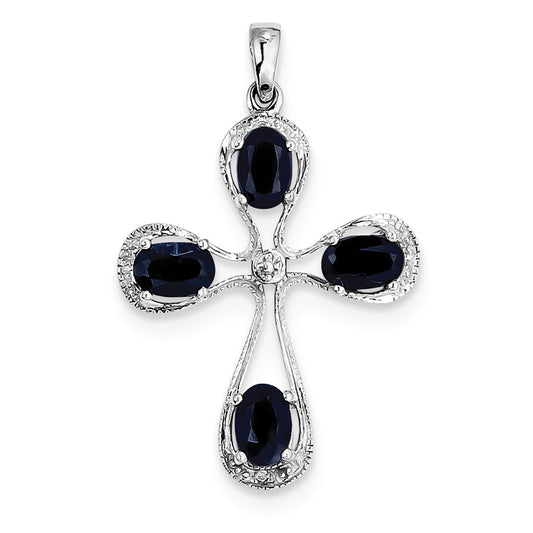 Sterling Silver Rhodium Dark Sapphire & Diamond Cross Pendant