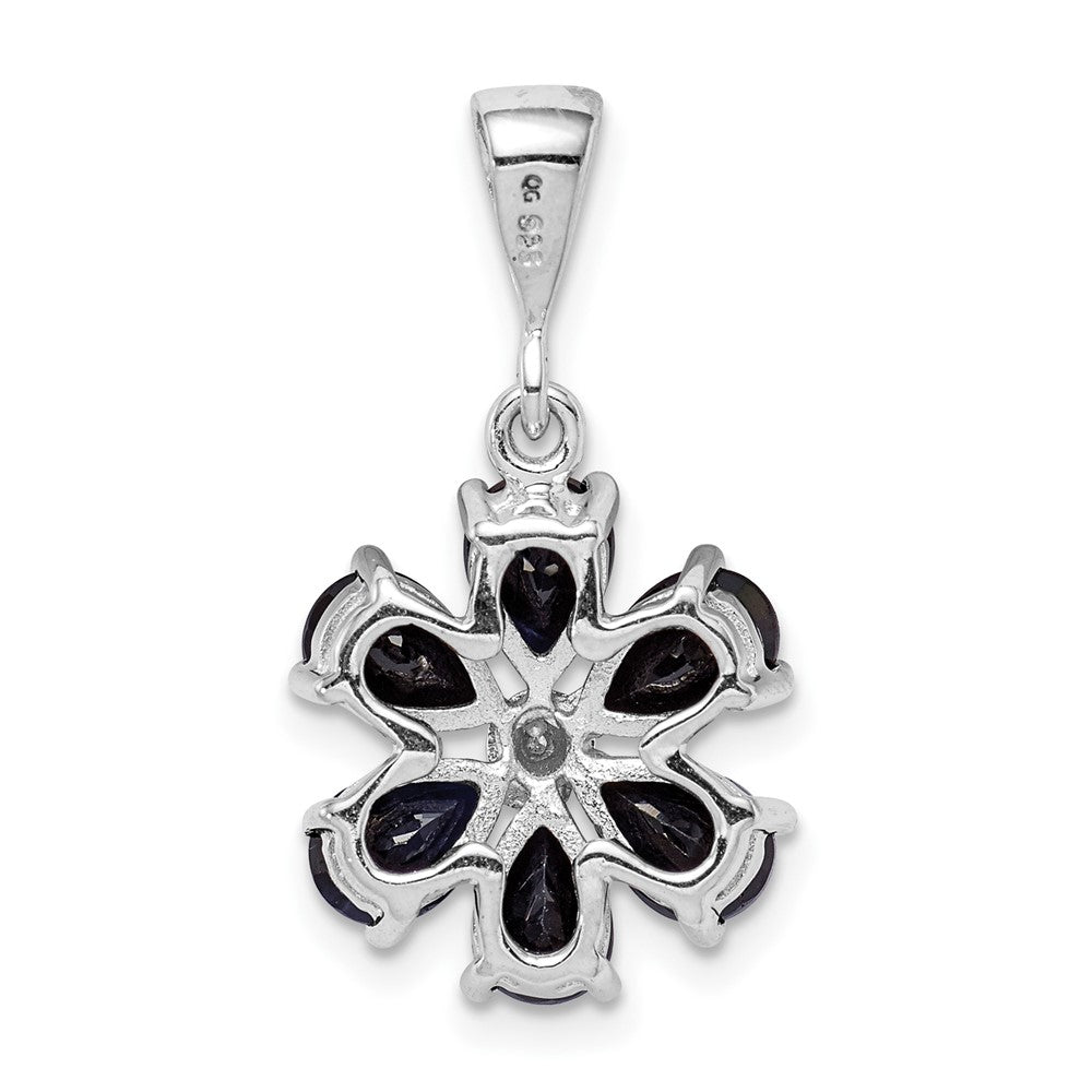Sterling Silver Rhodium Dark Sapphire & Diamond Flower Pendant