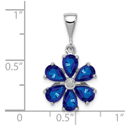 Sterling Silver Rhodium Dark Sapphire & Diamond Flower Pendant
