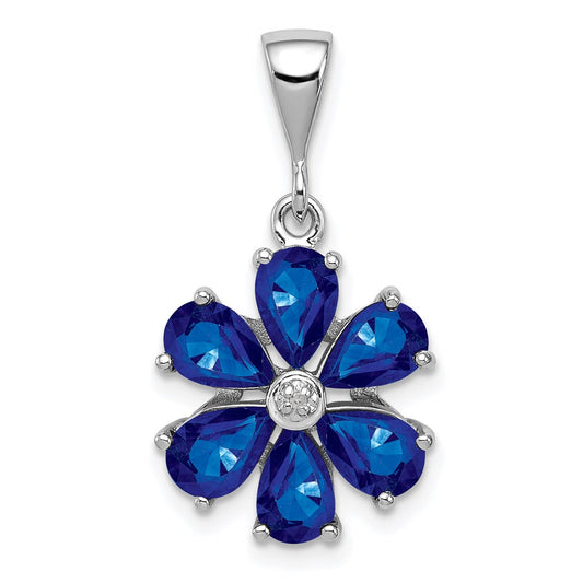 Sterling Silver Rhodium Dark Sapphire & Diamond Flower Pendant