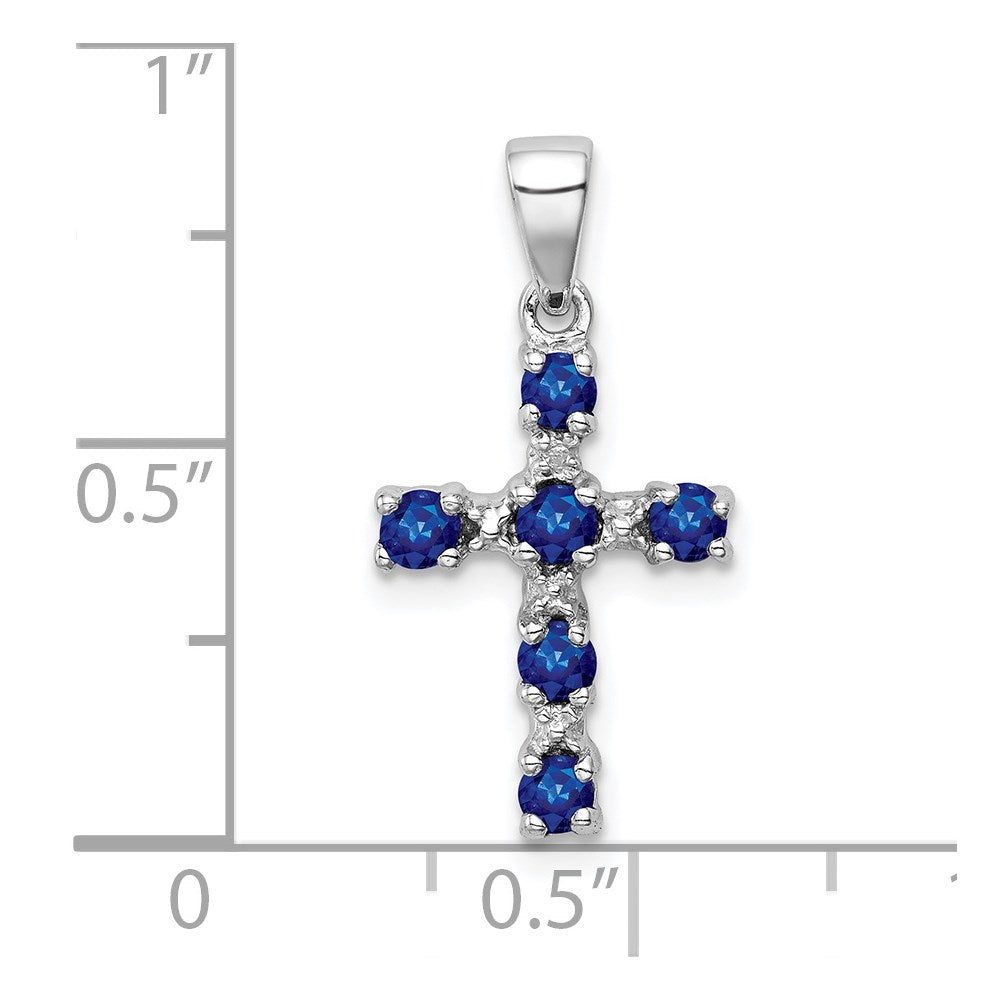 Sterling Silver Rhodium Dark Sapphire & Diamond Accent Cross Pendant