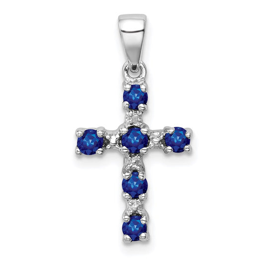 Sterling Silver Rhodium Dark Sapphire & Diamond Accent Cross Pendant