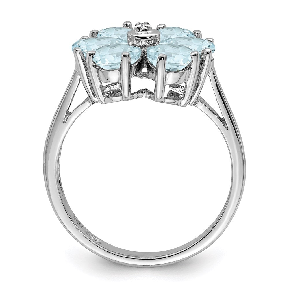 Sterling Silver Rhodium Aqua & Diamond Flower Ring