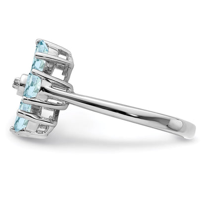 Sterling Silver Rhodium Aqua & Diamond Flower Ring