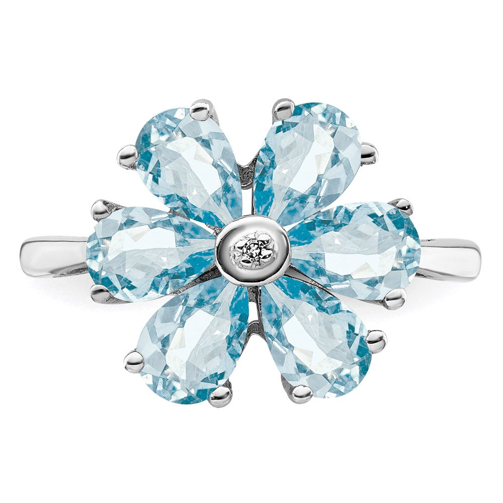 Sterling Silver Rhodium Aqua & Diamond Flower Ring