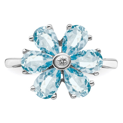 Sterling Silver Rhodium Aqua & Diamond Flower Ring