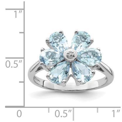 Sterling Silver Rhodium Aqua & Diamond Flower Ring