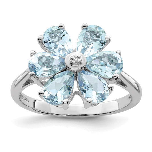 Sterling Silver Rhodium Aqua & Diamond Flower Ring