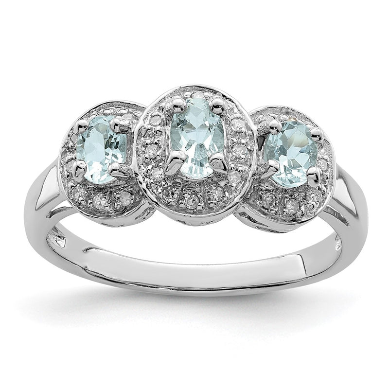 Sterling Silver Rhodium Aqua & Diamond Ring