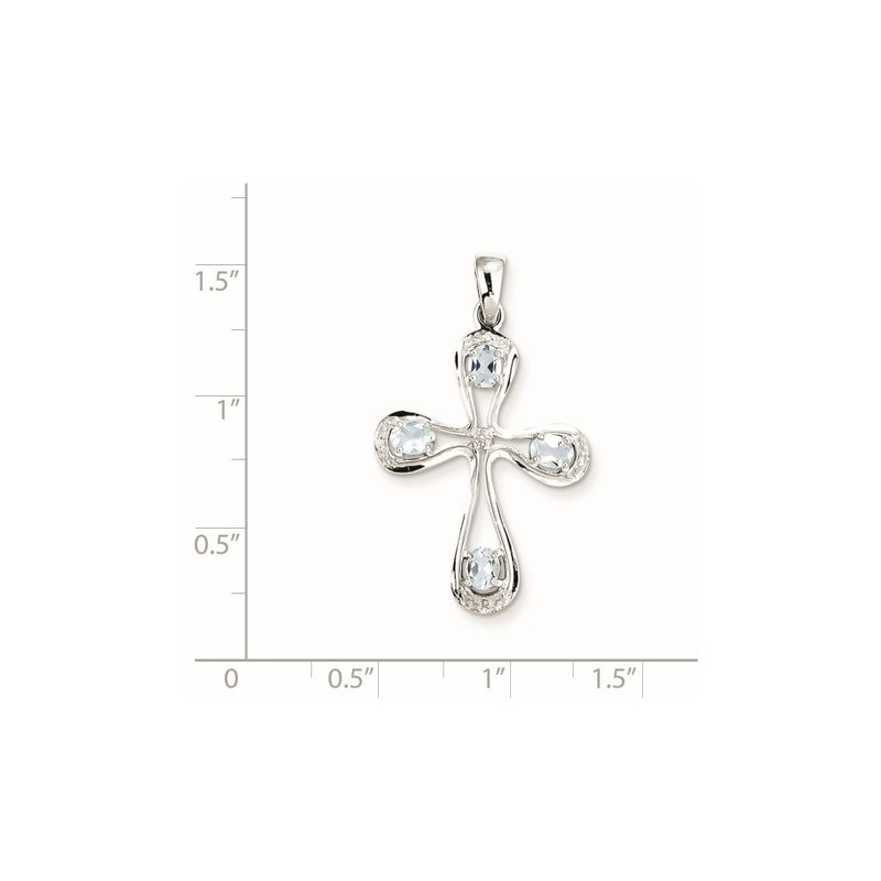 Sterling Silver Rhodium Aqua & Diamond Cross Pendant