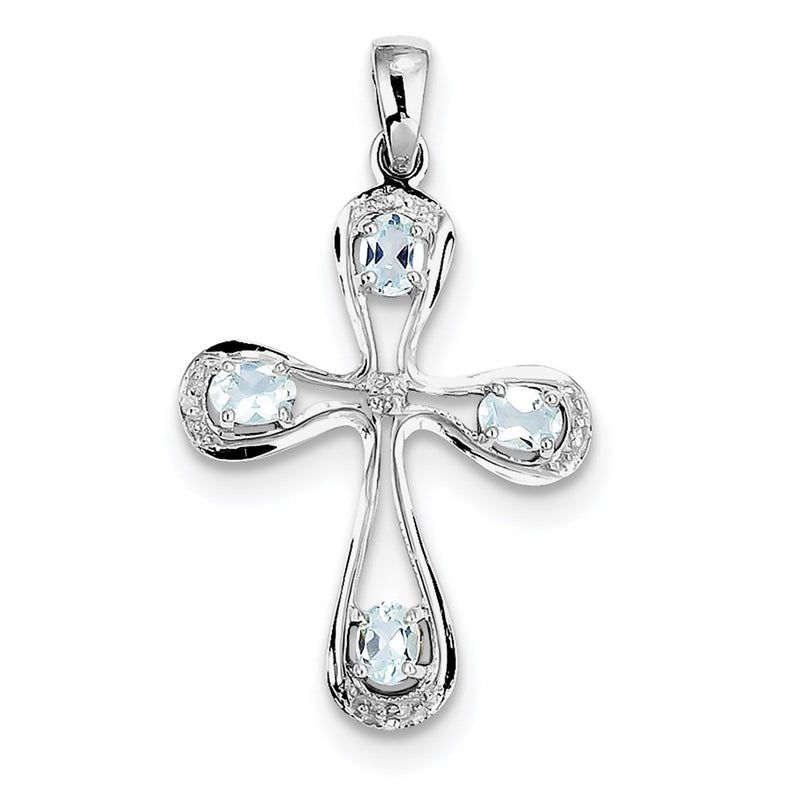 Sterling Silver Rhodium Aqua & Diamond Cross Pendant