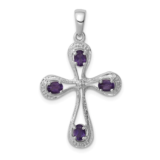 Sterling Silver Rhodium Amethyst & Diamond Cross Pendant