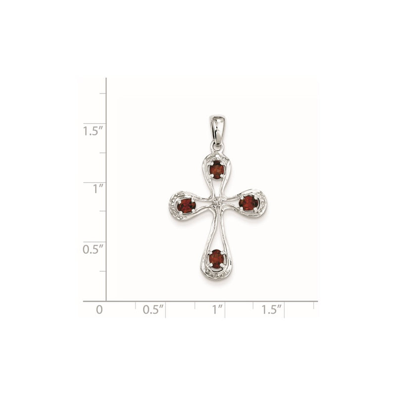 Sterling Silver Rhodium Garnet & Diamond Cross Pendant
