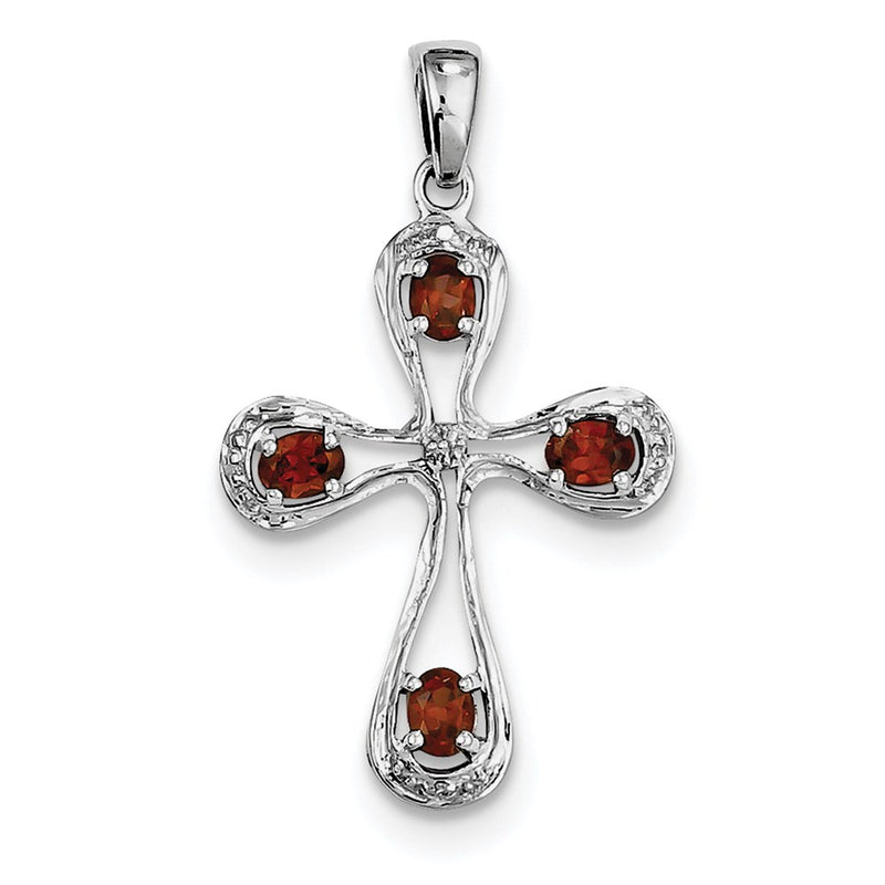 Sterling Silver Rhodium Garnet & Diamond Cross Pendant