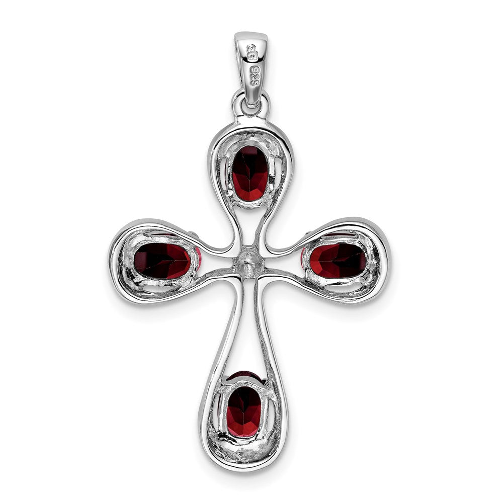 Sterling Silver Rhodium Garnet & Diamond Cross Pendant