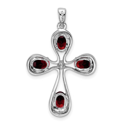 Sterling Silver Rhodium Garnet & Diamond Cross Pendant