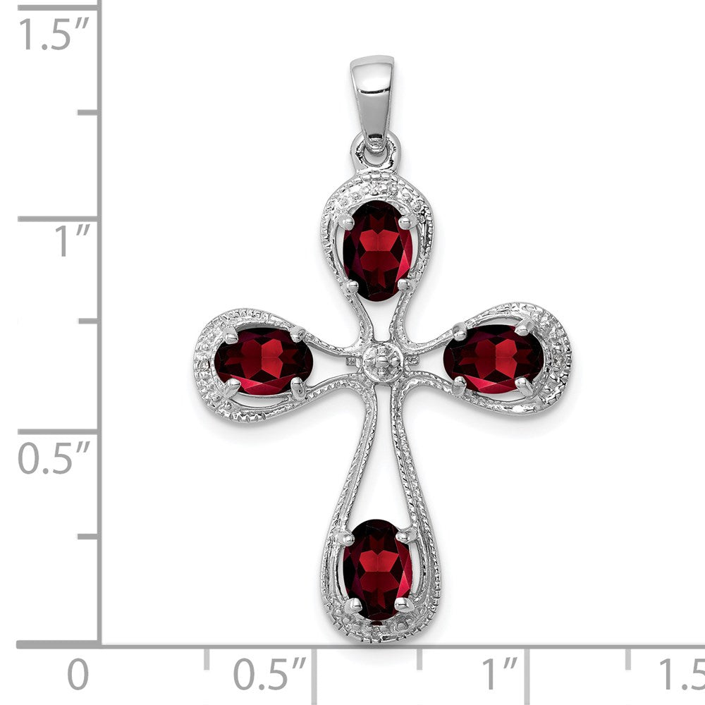 Sterling Silver Rhodium Garnet & Diamond Cross Pendant