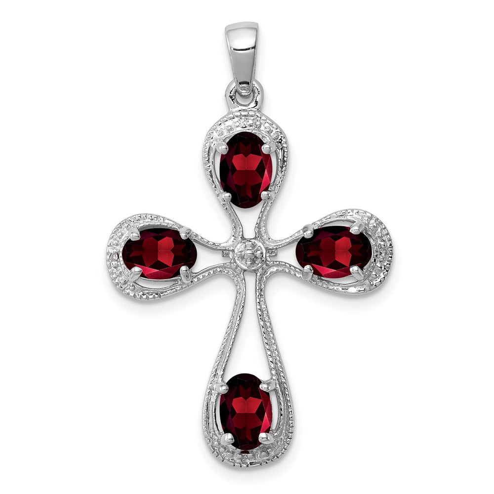 Sterling Silver Rhodium Garnet & Diamond Cross Pendant