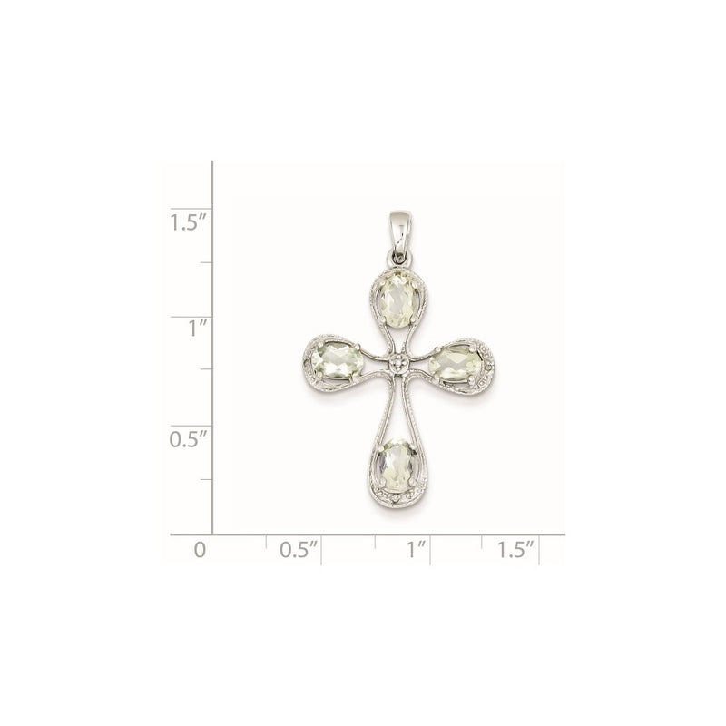 Sterling Silver Rhodium Green Quartz & Diamond Cross Pendant