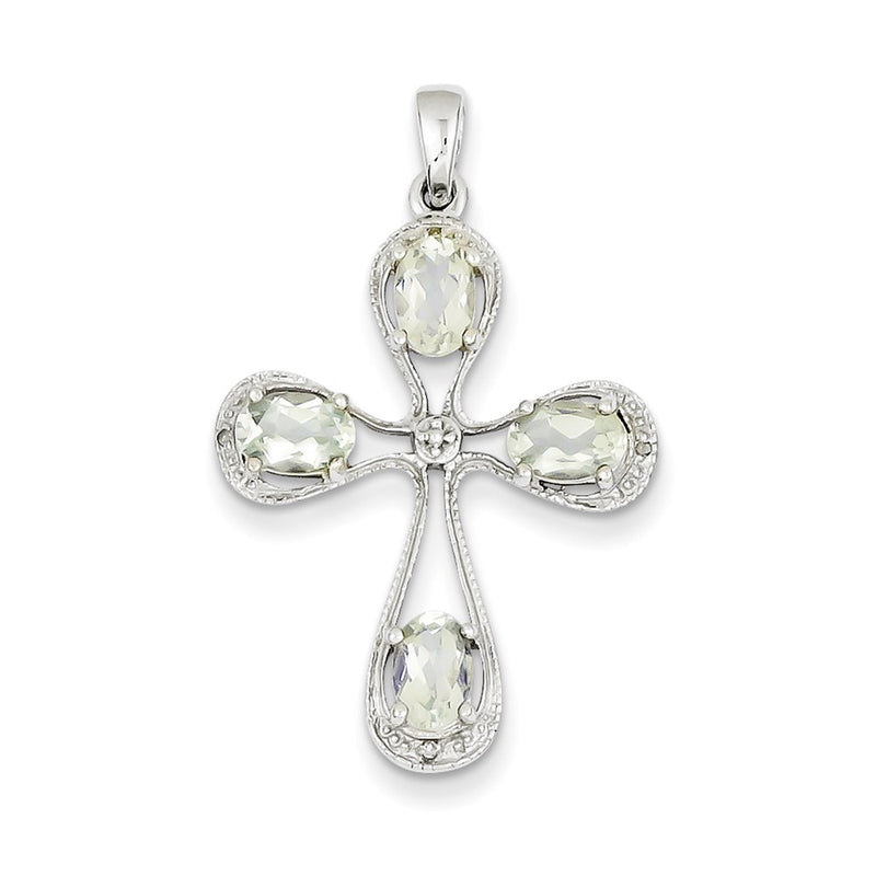 Sterling Silver Rhodium Green Quartz & Diamond Cross Pendant