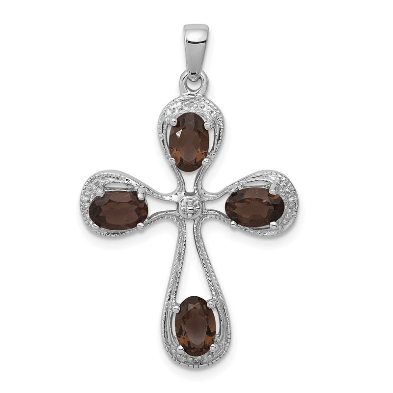 Sterling Silver Rhodium Smoky Quartz Diamond Pendant
